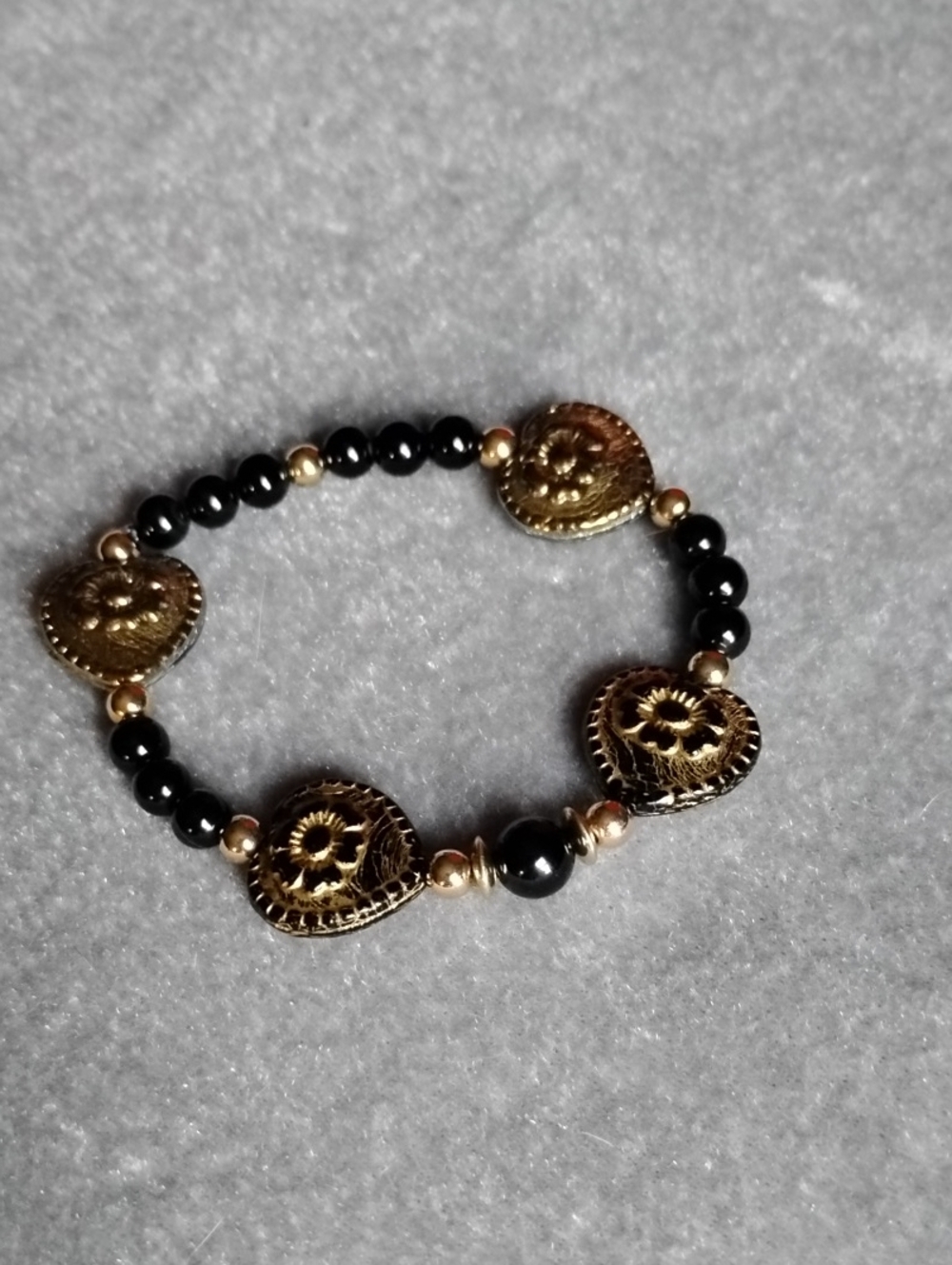 Gold & Black Gothic Czech Glass Heart Bracelet Handcrafted With Black Agate